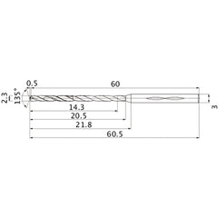 MHS0230L020B VP15TF 2.3 mm Dia. × 3 mm Shank × 20.5 mm Flute Length × 60.5 mm OAL, 135°, 2 Flute, Coolant Thru, Solid Carbide Drill