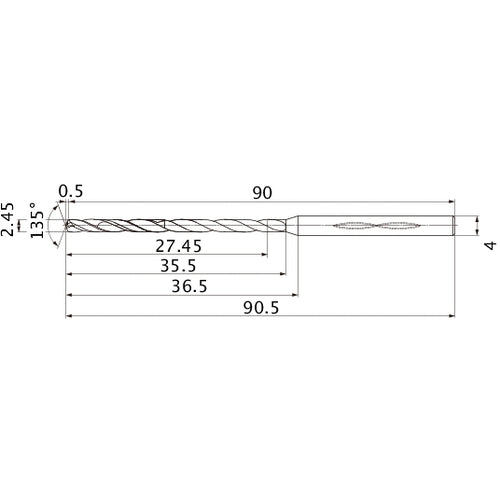 MHS0245L035B VP15TF 2.45 mm Dia. × 4 mm Shank × 35.5 mm Flute Length × 90.5 mm OAL, 135°, 2 Flute, Coolant Thru, Solid Carbide Drill