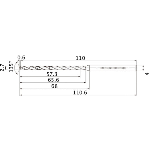 MHS0270L065B VP15TF 2.7 mm Dia. × 4 mm Shank × 65.6 mm Flute Length × 110.6 mm OAL, 135°, 2 Flute, Coolant Thru, Solid Carbide Drill
