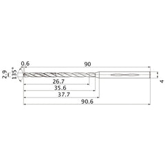 MHS0290L035B VP15TF 2.9 mm Dia. × 4 mm Shank × 35.6 mm Flute Length × 90.6 mm OAL, 135°, 2 Flute, Coolant Thru, Solid Carbide Drill