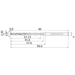 MHS0295L035B VP15TF 2.95 mm Dia. × 4 mm Shank × 35.6 mm Flute Length × 90.6 mm OAL, 135°, 2 Flute, Coolant Thru, Solid Carbide Drill