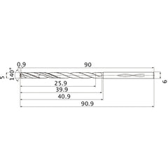 MHS0500L040B VP15TF 5 mm Dia. × 6 mm Shank × 39.9 mm Flute Length × 90.9 mm OAL, 140°, 2 Flute, Coolant Thru, Solid Carbide Drill