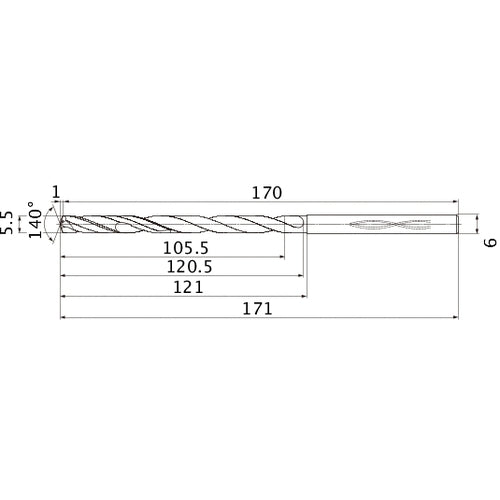 MHS0550L120B VP15TF 5.5 mm Dia. × 6 mm Shank × 120.5 mm Flute Length × 171 mm OAL, 140°, 2 Flute, Coolant Thru, Solid Carbide Drill
