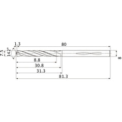 MHS0750L030B VP15TF 7.5 mm Dia. × 8 mm Shank × 30.8 mm Flute Length × 81.3 mm OAL, 142°, 2 Flute, Coolant Thru, Solid Carbide Drill