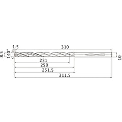 MHS0850L250B VP15TF 8.5 mm Dia. × 10 mm Shank × 250 mm Flute Length × 311.5 mm OAL, 140°, 2 Flute, Coolant Thru, Solid Carbide Drill