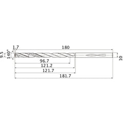 MHS0950L120B VP15TF 9.5 mm Dia. × 10 mm Shank × 121.2 mm Flute Length × 181.7 mm OAL, 140°, 2 Flute, Coolant Thru, Solid Carbide Drill
