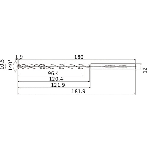 MHS1050L120B VP15TF 10.5 mm Dia. × 12 mm Shank × 120.4 mm Flute Length × 181.9 mm OAL, 140°, 2 Flute, Coolant Thru, Solid Carbide Drill