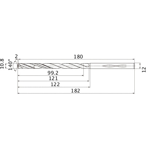 MHS1080L120B VP15TF 10.8 mm Dia. × 12 mm Shank × 121 mm Flute Length × 182 mm OAL, 140°, 2 Flute, Coolant Thru, Solid Carbide Drill