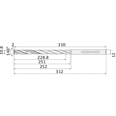 MHS1080L250B VP15TF 10.8 mm Dia. × 12 mm Shank × 251 mm Flute Length × 312 mm OAL, 140°, 2 Flute, Coolant Thru, Solid Carbide Drill