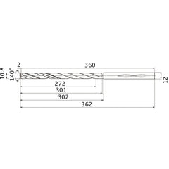 MHS1080L300B VP15TF 10.8 mm Dia. × 12 mm Shank × 301 mm Flute Length × 362 mm OAL, 140°, 2 Flute, Coolant Thru, Solid Carbide Drill
