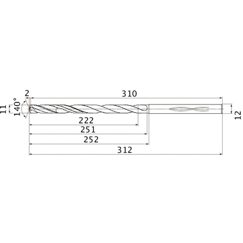 MHS1100L250B VP15TF 11 mm Dia. × 12 mm Shank × 251 mm Flute Length × 312 mm OAL, 140°, 2 Flute, Coolant Thru, Solid Carbide Drill