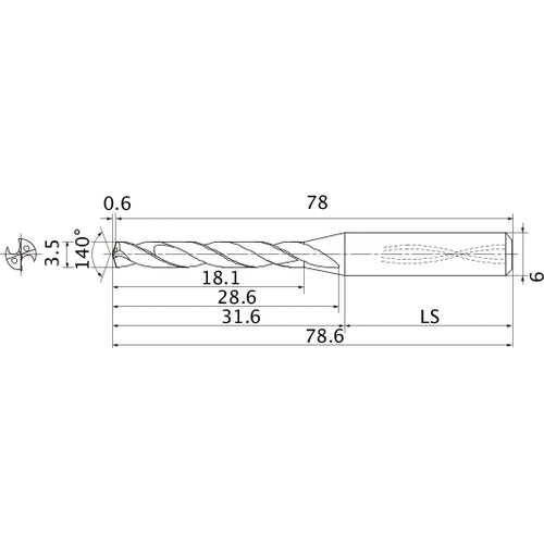 MMS0350X5DB DP7020 3.5 mm Dia. × 6 mm Shank × 28.6 mm Flute Length × 78.6 mm OAL, 140°, 2 Flute, Coolant Thru, Solid Carbide Drill