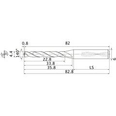MMS0440X5DB DP7020 4.4 mm Dia. × 6 mm Shank × 33.8 mm Flute Length × 82.8 mm OAL, 140°, 2 Flute, Coolant Thru, Solid Carbide Drill