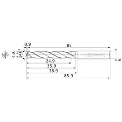 MMS0480X5DB DP7020 4.8 mm Dia. × 6 mm Shank × 35.9 mm Flute Length × 85.9 mm OAL, 140°, 2 Flute, Coolant Thru, Solid Carbide Drill