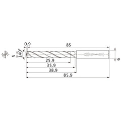 MMS0500X5DB DP7020 5 mm Dia. × 6 mm Shank × 35.9 mm Flute Length × 85.9 mm OAL, 140°, 2 Flute, Coolant Thru, Solid Carbide Drill
