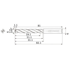 MMS0600X3DB DP7020 6 mm Dia. × 6 mm Shank × 31.1 mm Flute Length × 82.1 mm OAL, 140°, 2 Flute, Coolant Thru, Solid Carbide Drill