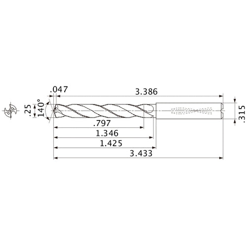 MMS0635X3D080 DP7020 1/4″ Dia. × 0.315″ Shank × 1.346″ Flute Length × 3.433″ OAL, 140°, 2 Flute, Coolant Thru, Solid Carbide Drill