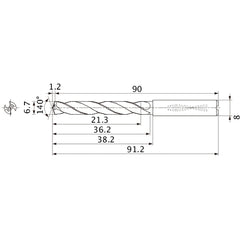 MMS0670X3DB DP7020 6.7 mm Dia. × 8 mm Shank × 36.2 mm Flute Length × 91.2 mm OAL, 140°, 2 Flute, Coolant Thru, Solid Carbide Drill