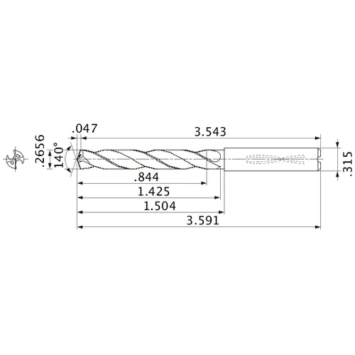 MMS0675X3D080 DP7020 0.2656″ Dia. × 0.315″ Shank × 1.425″ Flute Length × 3.591″ OAL, 140°, 2 Flute, Coolant Thru, Solid Carbide Drill