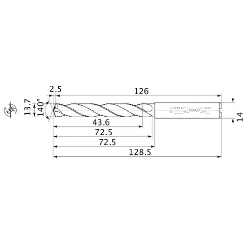 MMS1370X3DB DP7020 13.7 mm Dia. × 14 mm Shank × 72.5 mm Flute Length × 128.5 mm OAL, 140°, 2 Flute, Coolant Thru, Solid Carbide Drill