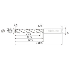 MMS1370X3DB DP7020 13.7 mm Dia. × 14 mm Shank × 72.5 mm Flute Length × 128.5 mm OAL, 140°, 2 Flute, Coolant Thru, Solid Carbide Drill