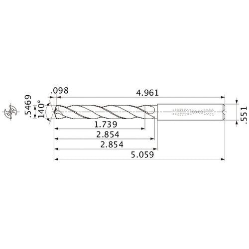 MMS1389X3D140 DP7020 0.5469″ Dia. × 0.551″ Shank × 2.854″ Flute Length × 5.059″ OAL, 140°, 2 Flute, Coolant Thru, Solid Carbide Drill