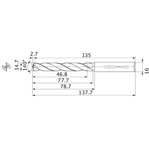 MMS1470X3DB DP7020 14.7 mm Dia. × 16 mm Shank × 77.7 mm Flute Length × 137.7 mm OAL, 140°, 2 Flute, Coolant Thru, Solid Carbide Drill