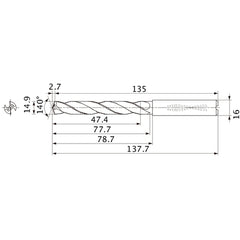 MMS1490X3DB DP7020 14.9 mm Dia. × 16 mm Shank × 77.7 mm Flute Length × 137.7 mm OAL, 140°, 2 Flute, Coolant Thru, Solid Carbide Drill