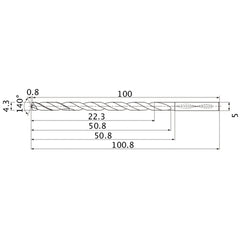 MNS0430LB TF15 4.3 mm Dia. × 5 mm Shank × 50.8 mm Flute Length × 100.8 mm OAL, 140°, 2 Flute, Coolant Thru, Solid Carbide Drill