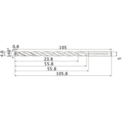 MNS0460LB TF15 4.6 mm Dia. × 5 mm Shank × 55.8 mm Flute Length × 105.8 mm OAL, 140°, 2 Flute, Coolant Thru, Solid Carbide Drill