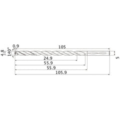 MNS0480LB TF15 4.8 mm Dia. × 5 mm Shank × 55.9 mm Flute Length × 105.9 mm OAL, 140°, 2 Flute, Coolant Thru, Solid Carbide Drill