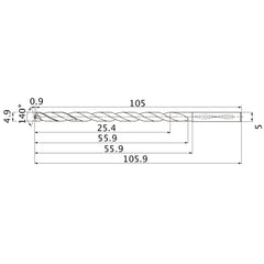 MNS0490LB TF15 4.9 mm Dia. × 5 mm Shank × 55.9 mm Flute Length × 105.9 mm OAL, 140°, 2 Flute, Coolant Thru, Solid Carbide Drill