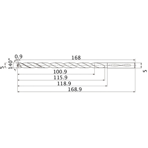 MNS0500X20DB TF15 5 mm Dia. × 5 mm Shank × 115.9 mm Flute Length × 168.9 mm OAL, 140°, 2 Flute, Coolant Thru, Solid Carbide Drill