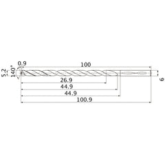 MNS0520LB TF15 5.2 mm Dia. × 6 mm Shank × 44.9 mm Flute Length × 100.9 mm OAL, 140°, 2 Flute, Coolant Thru, Solid Carbide Drill