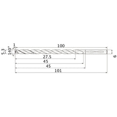 MNS0530LB TF15 5.3 mm Dia. × 6 mm Shank × 45 mm Flute Length × 101 mm OAL, 140°, 2 Flute, Coolant Thru, Solid Carbide Drill