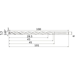 MNS0550LB TF15 5.5 mm Dia. × 6 mm Shank × 45 mm Flute Length × 101 mm OAL, 140°, 2 Flute, Coolant Thru, Solid Carbide Drill