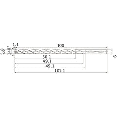 MNS0580LB TF15 5.8 mm Dia. × 6 mm Shank × 49.1 mm Flute Length × 101.1 mm OAL, 140°, 2 Flute, Coolant Thru, Solid Carbide Drill