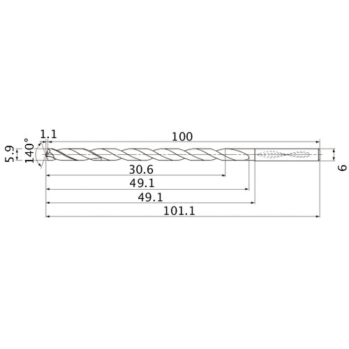 MNS0590LB TF15 5.9 mm Dia. × 6 mm Shank × 49.1 mm Flute Length × 101.1 mm OAL, 140°, 2 Flute, Coolant Thru, Solid Carbide Drill