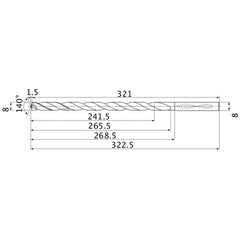 MNS0800X30DB TF15 8 mm Dia. × 8 mm Shank × 265.5 mm Flute Length × 322.5 mm OAL, 140°, 2 Flute, Coolant Thru, Solid Carbide Drill