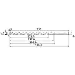 MNS0900X30DB TF15 9 mm Dia. × 9 mm Shank × 298.6 mm Flute Length × 356.6 mm OAL, 140°, 2 Flute, Coolant Thru, Solid Carbide Drill