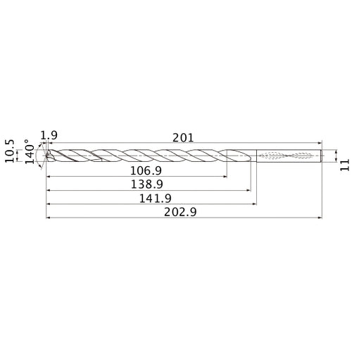 MNS1050X10DB TF15 10.5 mm Dia. × 11 mm Shank × 138.9 mm Flute Length × 202.9 mm OAL, 140°, 2 Flute, Coolant Thru, Solid Carbide Drill
