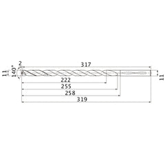 MNS1100X20DB TF15 11 mm Dia. × 11 mm Shank × 255 mm Flute Length × 319 mm OAL, 140°, 2 Flute, Coolant Thru, Solid Carbide Drill