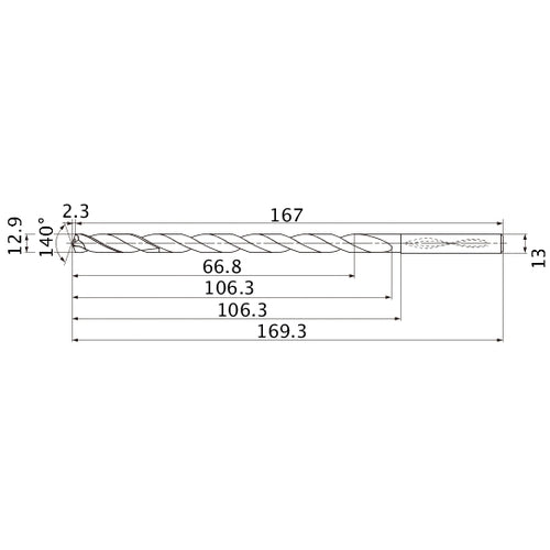 MNS1290LB TF15 12.9 mm Dia. × 13 mm Shank × 106.3 mm Flute Length × 169.3 mm OAL, 140°, 2 Flute, Coolant Thru, Solid Carbide Drill