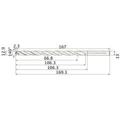 MNS1290LB TF15 12.9 mm Dia. × 13 mm Shank × 106.3 mm Flute Length × 169.3 mm OAL, 140°, 2 Flute, Coolant Thru, Solid Carbide Drill
