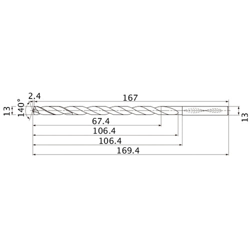 MNS1300LB TF15 13 mm Dia. × 13 mm Shank × 106.4 mm Flute Length × 169.4 mm OAL, 140°, 2 Flute, Coolant Thru, Solid Carbide Drill