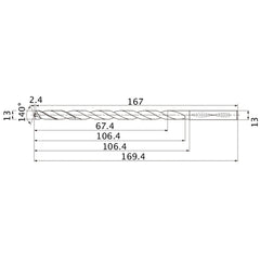 MNS1300LB TF15 13 mm Dia. × 13 mm Shank × 106.4 mm Flute Length × 169.4 mm OAL, 140°, 2 Flute, Coolant Thru, Solid Carbide Drill