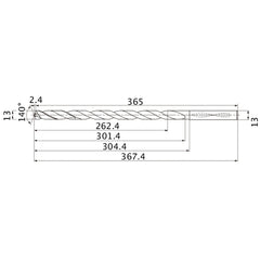 MNS1300X20DB TF15 13 mm Dia. × 13 mm Shank × 301.4 mm Flute Length × 367.4 mm OAL, 140°, 2 Flute, Coolant Thru, Solid Carbide Drill
