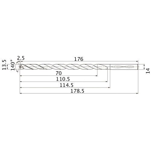 MNS1350LB TF15 13.5 mm Dia. × 14 mm Shank × 110.5 mm Flute Length × 178.5 mm OAL, 140°, 2 Flute, Coolant Thru, Solid Carbide Drill