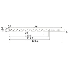 MNS1350LB TF15 13.5 mm Dia. × 14 mm Shank × 110.5 mm Flute Length × 178.5 mm OAL, 140°, 2 Flute, Coolant Thru, Solid Carbide Drill