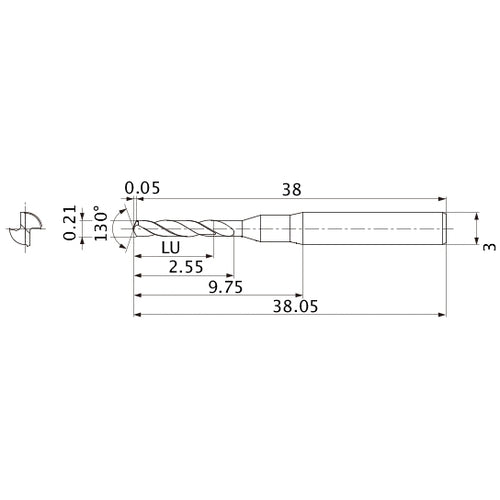 MSE0021SB VP20MF 0.21 mm Dia. × 3 mm Shank × 2.55 mm Flute Length × 38.05 mm OAL, 130°, 2 Flute, External Coolant, Solid Carbide Drill